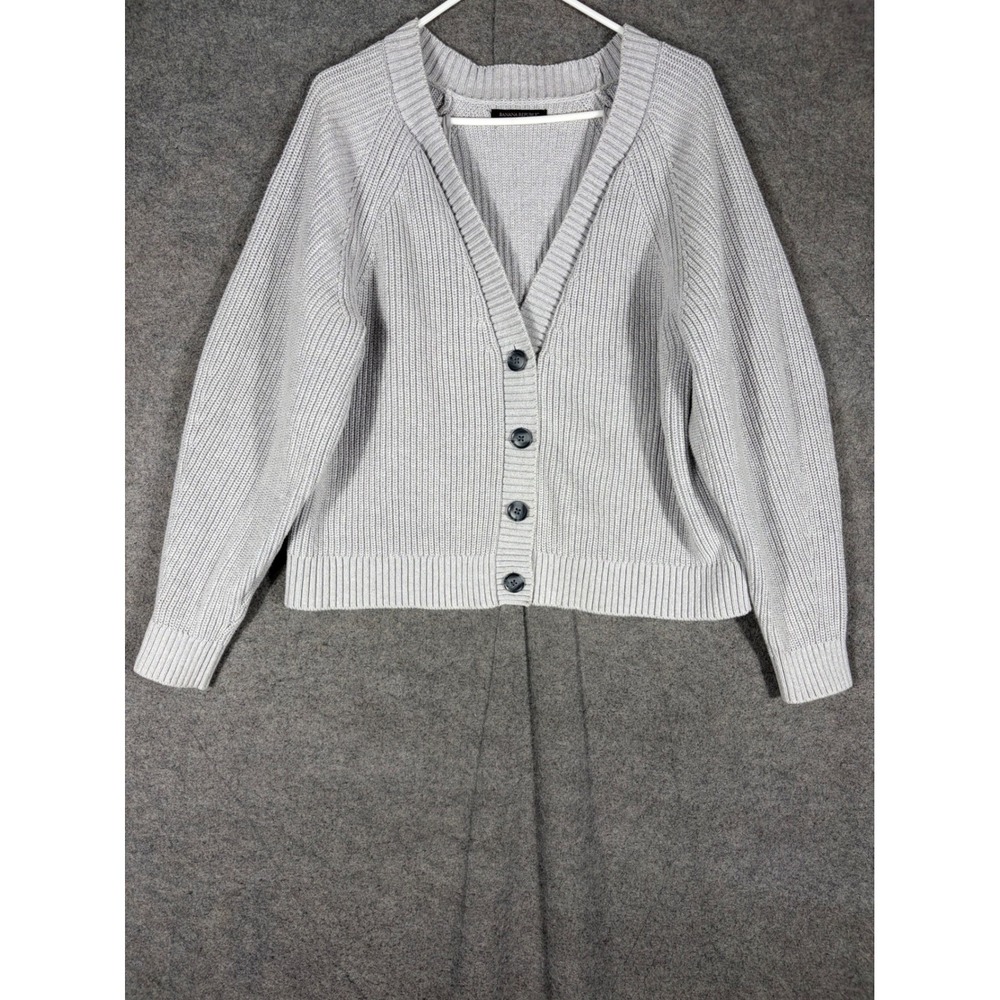 Banana Republic Womens Gray Shaker Rib Knit Cotton V-Neck Cardigan Sweater M